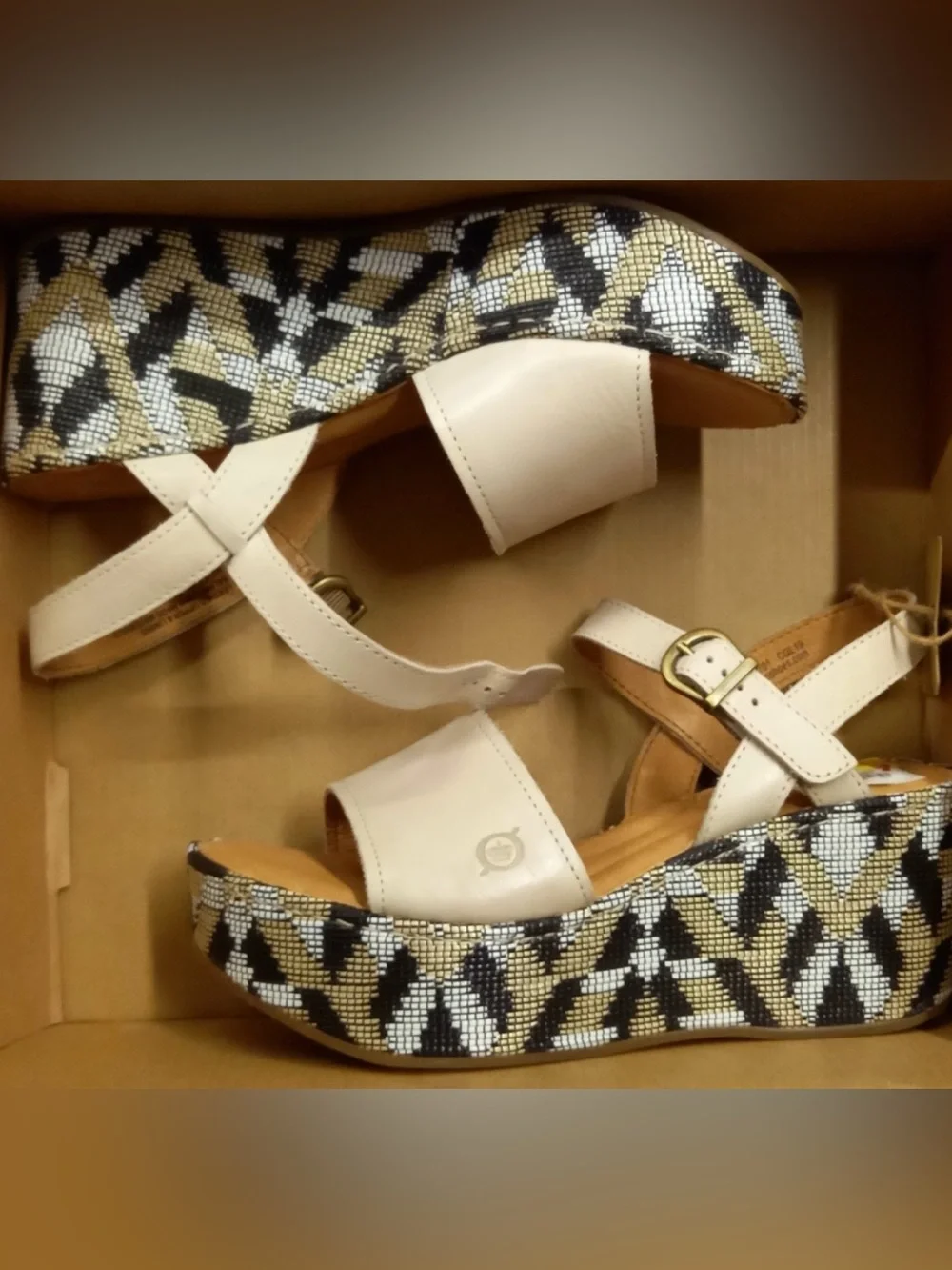Born Dorrah Cream Platform Sandals with Patterned Wedge